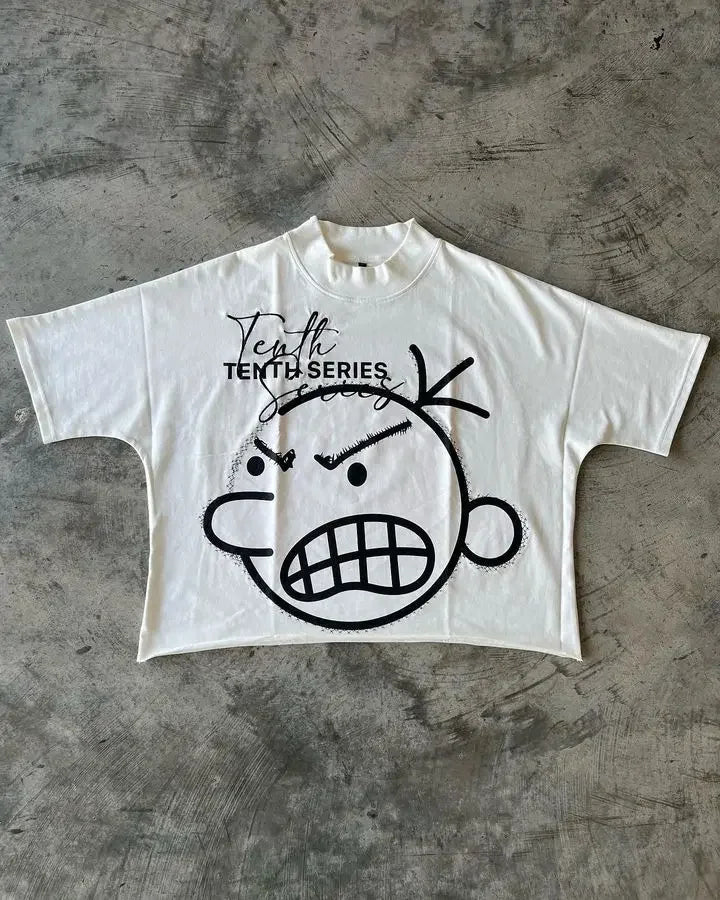 Maxct American Gothic Super Cool Smiley Letter Print Oversized T-Shirt Men's Fashion Harajuku Loose Round Neck Short Sleeve Top