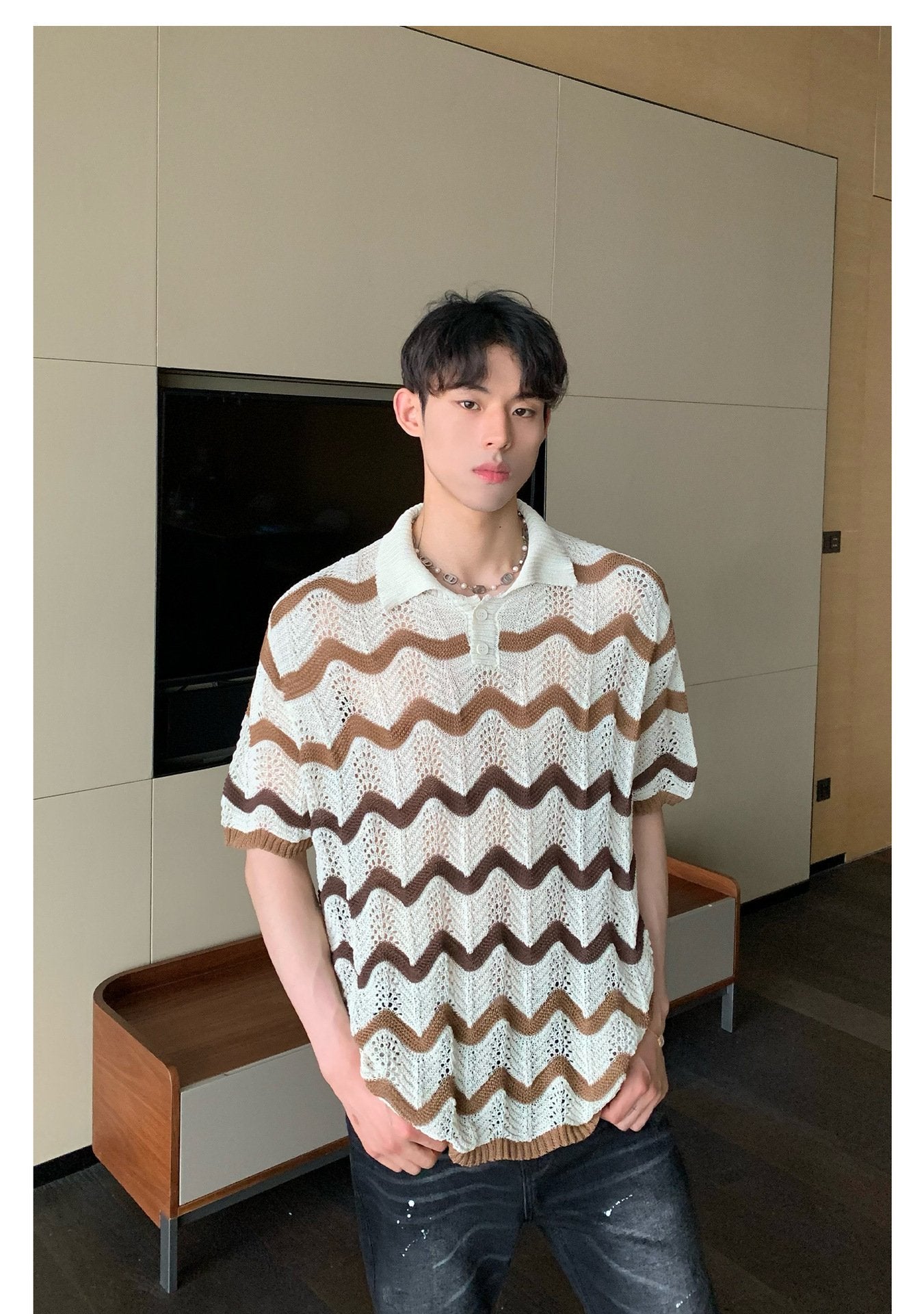 Maxct 90s Streetwear Korean Style Summer High-end Sense Hollow Color Stripe Lap Short-sleeved Niche Design POLO Shirt T-shirt Casual Top