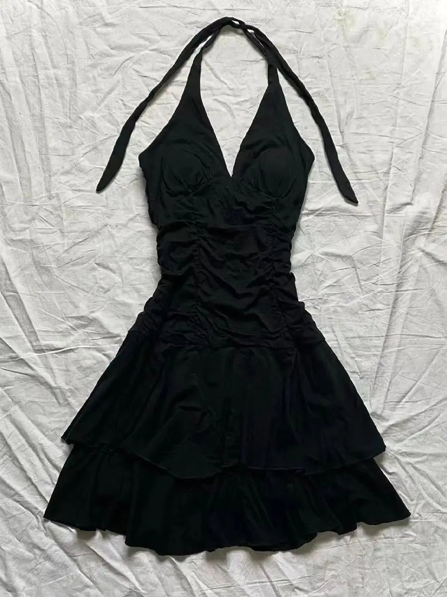 Punk Vintage 90s Korea Dress Sweet Girl High Waist Slim Gothic Harajuku Y2k Short Halter Dress Maxct