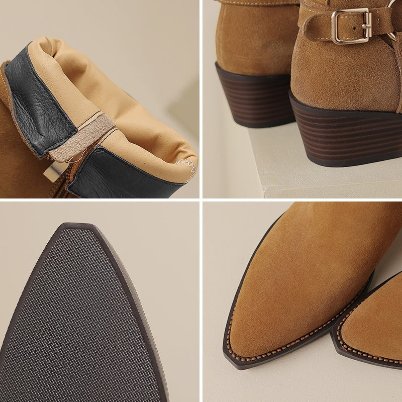 Womens Suede Mid Calf Boots 45mm Block Heel with Buckle Details Maxct