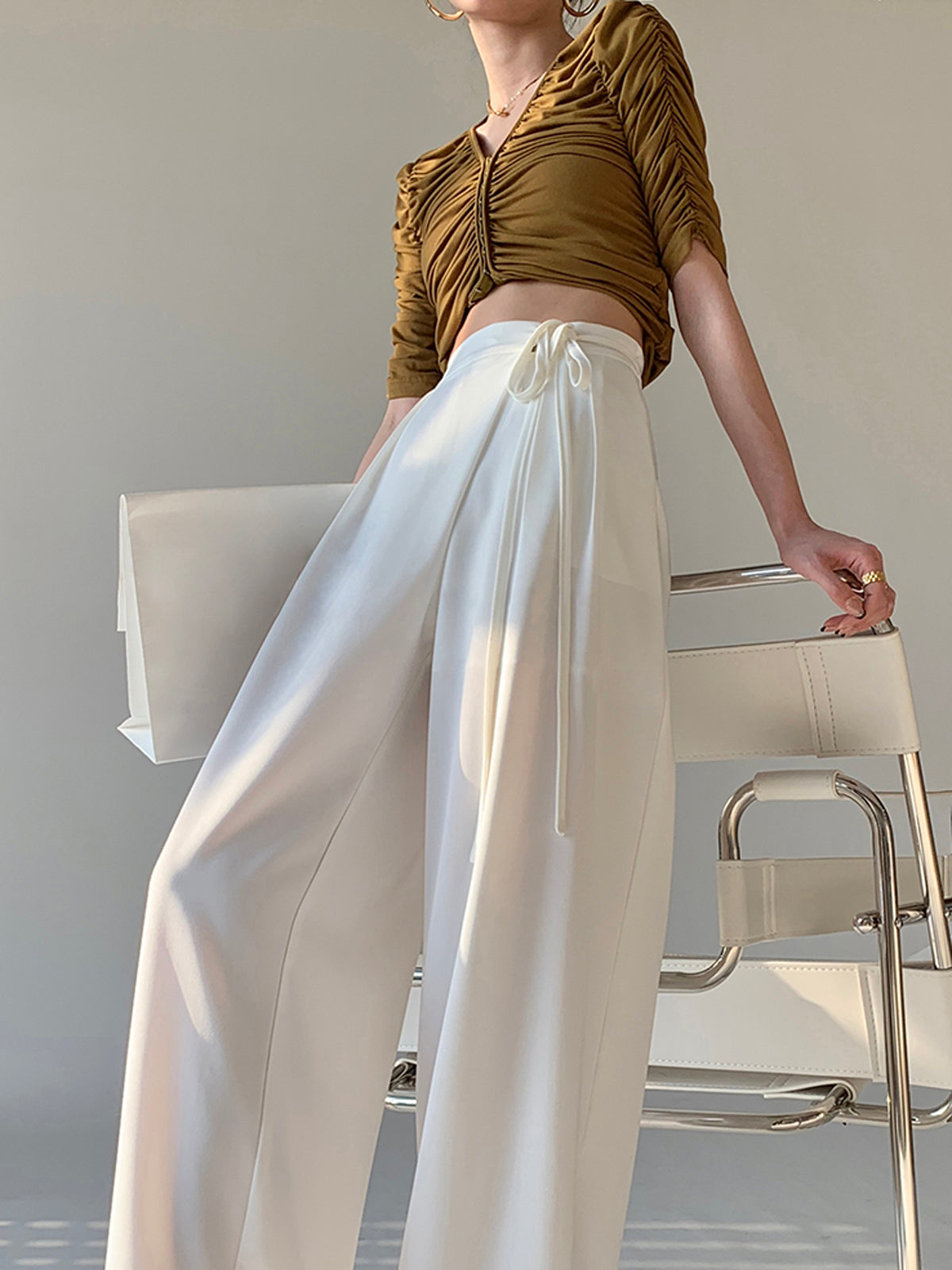 Maxct Tie Waist Flowy Wide Leg Dress Pants