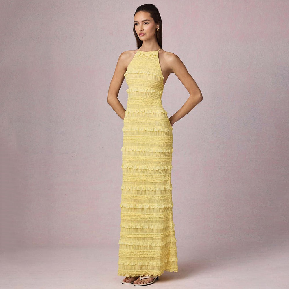 Ruffle Lace Backless Halter Neck Dress Maxct