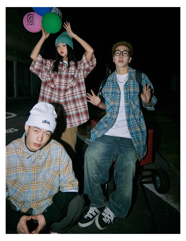 Maxct 90s Streetwear Japanese Niche Plaid Short-sleeved Shirt Men's Summer New Loose Trendy Brand All-match Shirt Couple's Coat Top