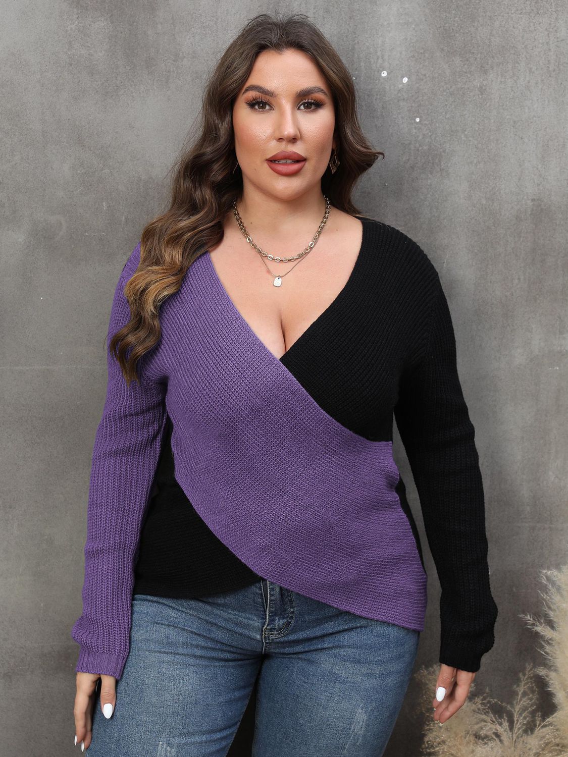 Maxct &Plus Size Two-Tone Surplice Neck Sweater