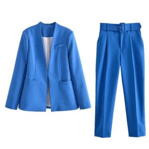 Maxct 2024 Women Fashion Two Pieces Sets Office Wear Blazers Coat And With Belt High Waist Pants Female
