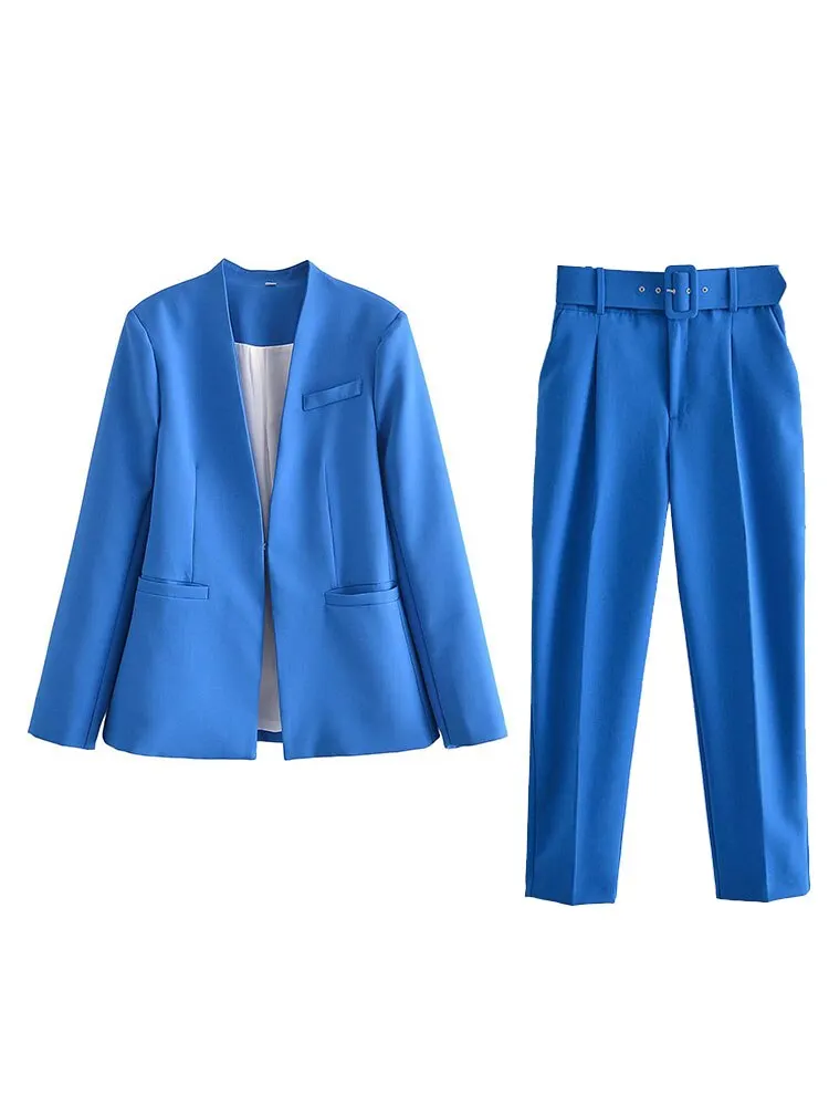 Maxct 2024 Women Fashion Two Pieces Sets Office Wear Blazers Coat And With Belt High Waist Pants Female