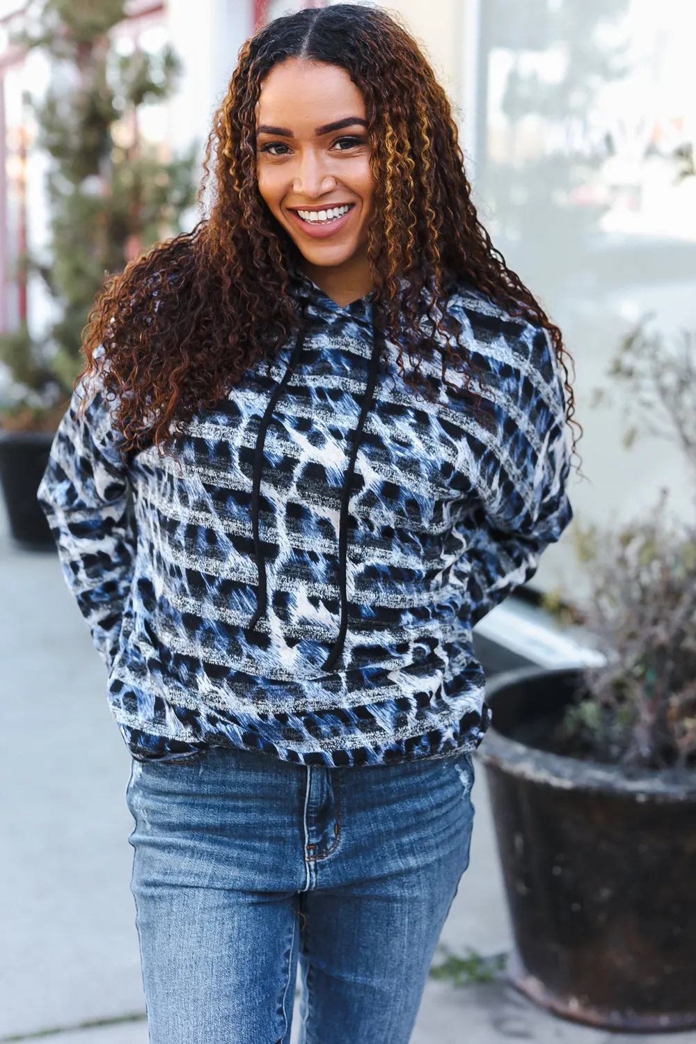 Maxct &Casual Chic Blue & Black Animal Print Stripe Hoodie