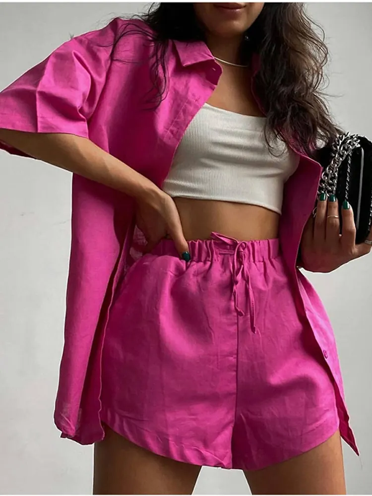 Maxct Casual Tracksuit Women's Shorts Suits Green Streetwear Short Sleeve Shirt Tops Loose Drawstring Mini Shorts Two Piece Set