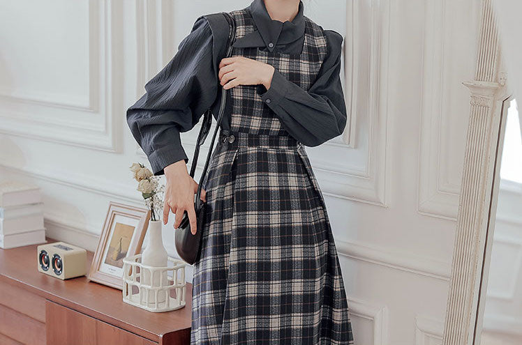 Crepe Plaid Pinafore Dress Set Maxct