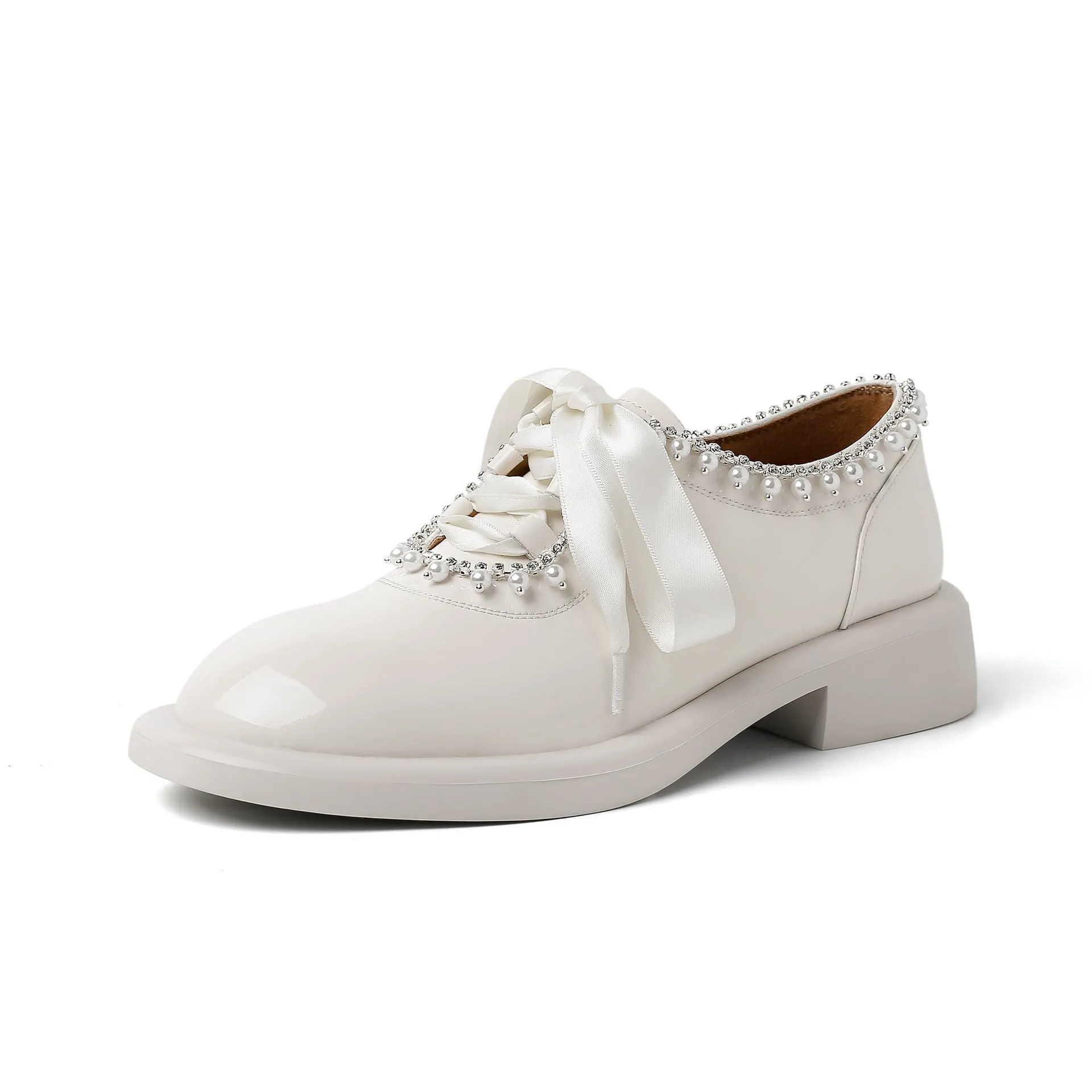 Round Toe Lace Up Peal-embellishment Chunky Derby Shoes Maxct