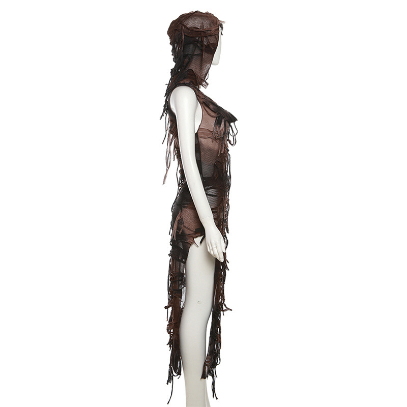 Grunge Dress y2k Tie Dye Print Sleeveless Side Split Hooded Dress Gothic Party Dresses Halloween Costume