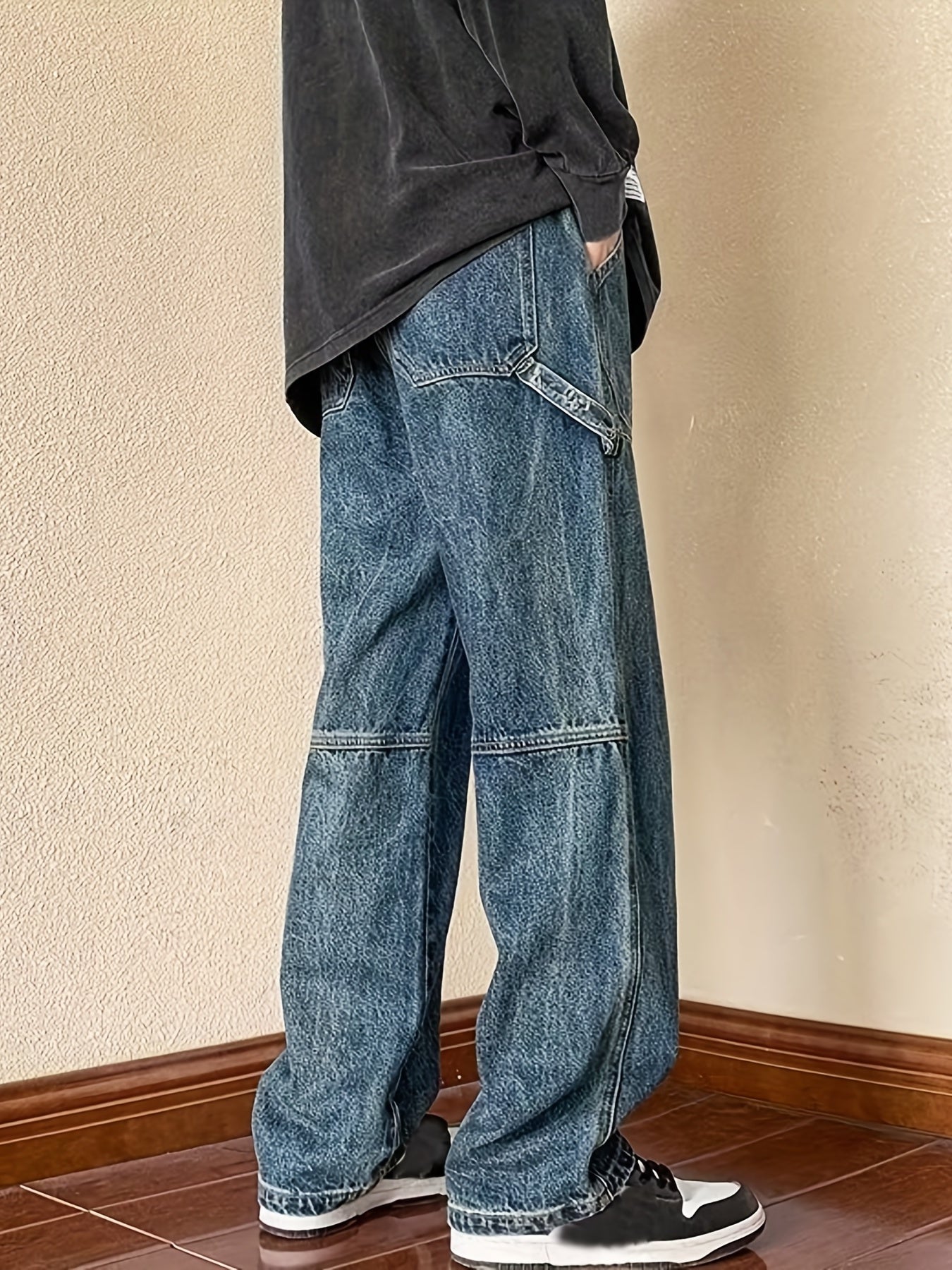 Maxct  Wide Leg Cotton Jeans, Men's Casual Street Style Patchwork Denim Pants For Spring Summer