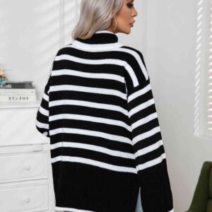 Maxct &Striped Slit Turtleneck Drop Shoulder Sweater