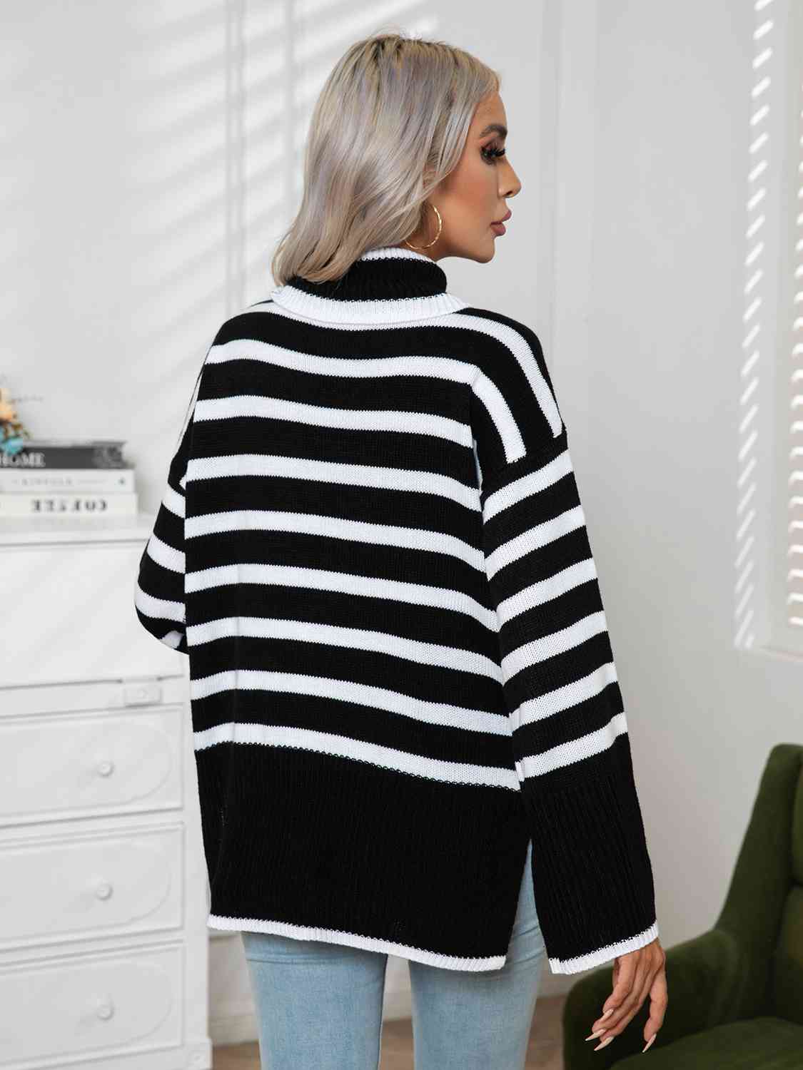 Maxct &Striped Slit Turtleneck Drop Shoulder Sweater