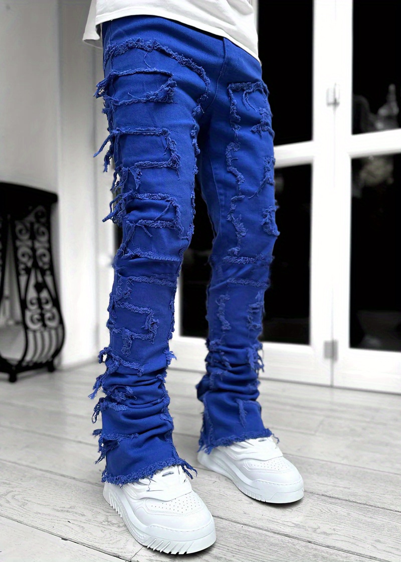 Creative Tassels Decoration Straight Fit Jeans, Men's Casual Medium Stretch Street Style Denim Pants For All Seasons