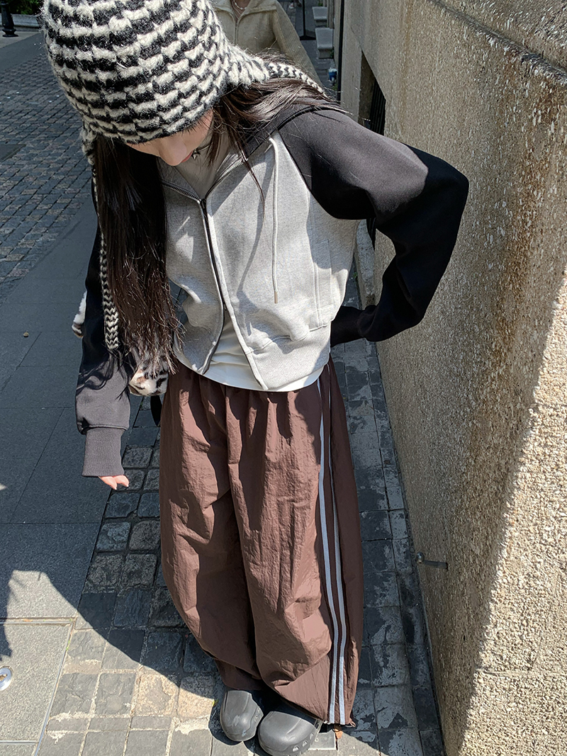 Grey Cropped Hoodies Zip Up Long Sleeve Sweatshirt Cardigan Oversized Autumn Fashion Wide Leg Track Pants Two Piece Sets