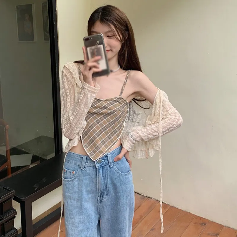 Maxct Thin Ruffles Tops Women Sunscreen Blouses Vintage Breathable Cropped All-match Basic Slim Tender Retro