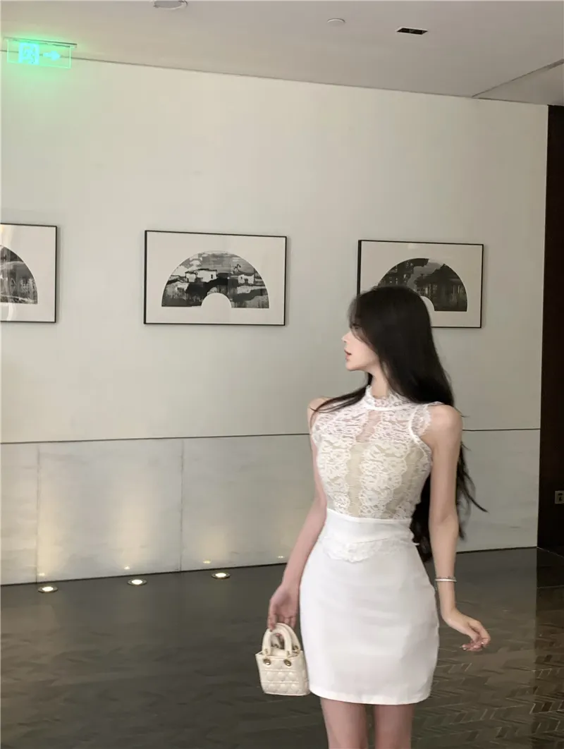 Maxct Spicy Girl Lace Stitching Dress Women Summer White Temperament Waist Sleeveless Wrap Hip Short Dress Fashion Lady Clothes