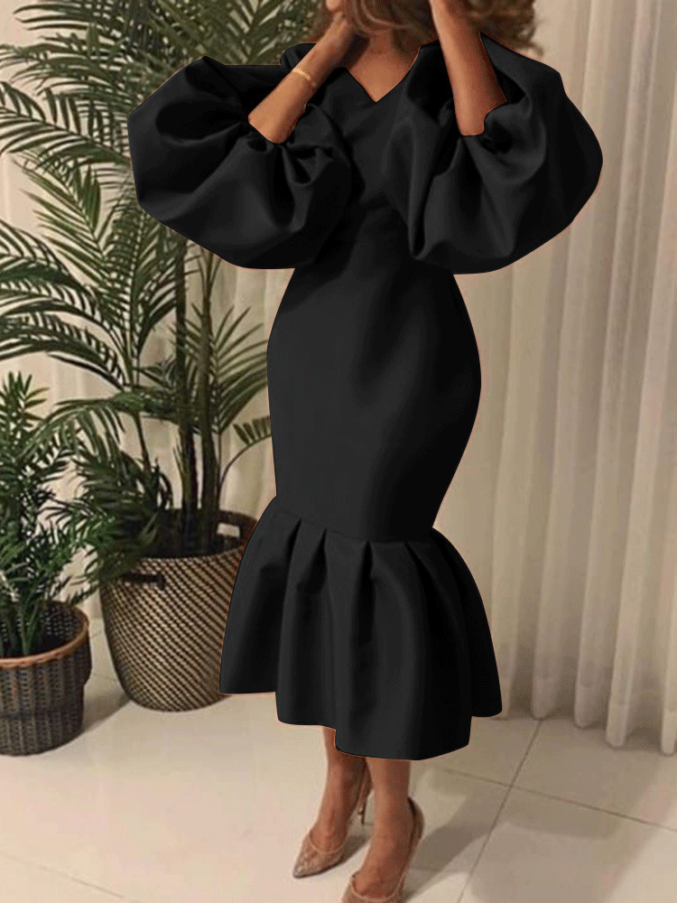 Lantern Sleeve Midi Fishtail Dress Maxct