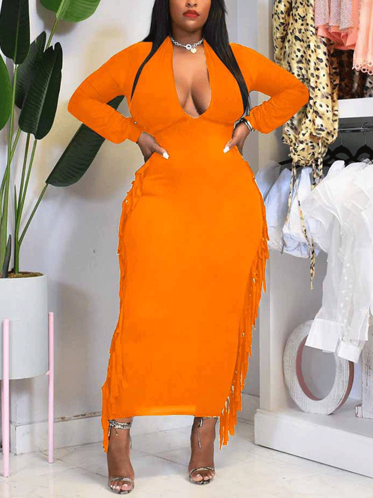 Deep V-neck Tassels Maxi Dress Maxct