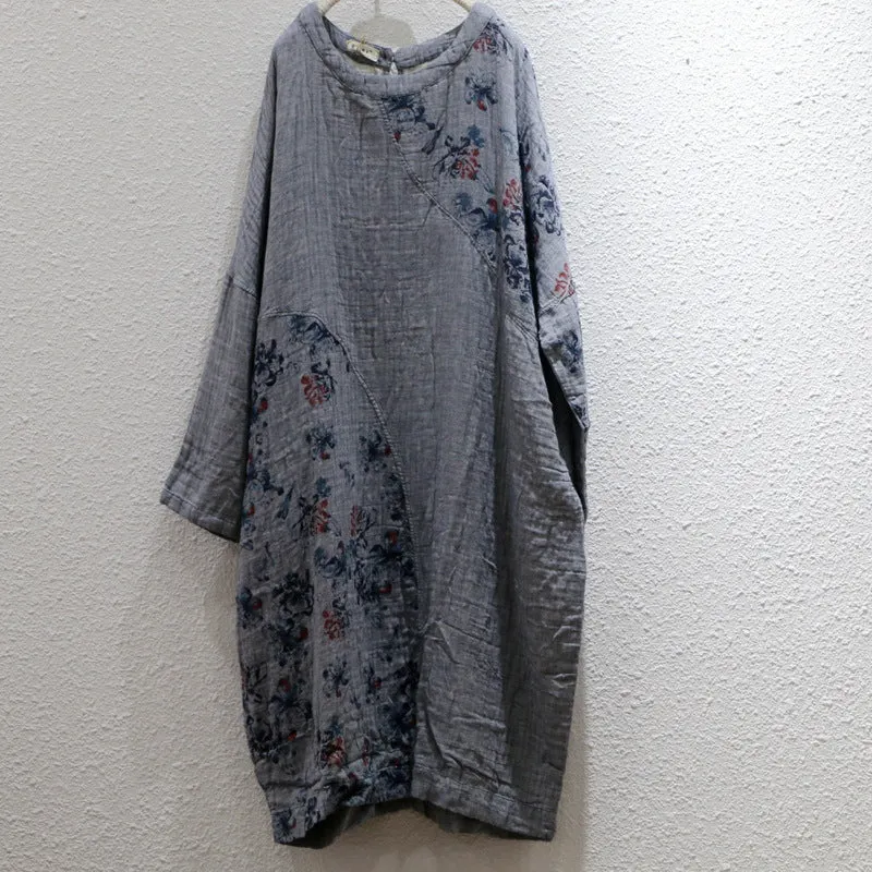 Spring Loose Soft Vintage Ethnic Style Printed Cotton Linen Dresses