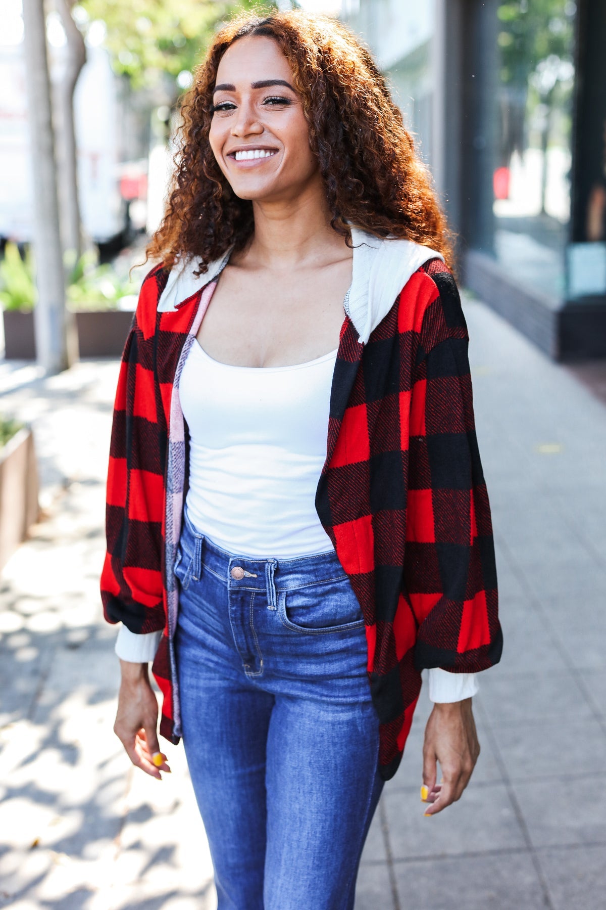 Maxct &Stepping Out Red Buffalo Plaid Ribbed Hooded Sweater