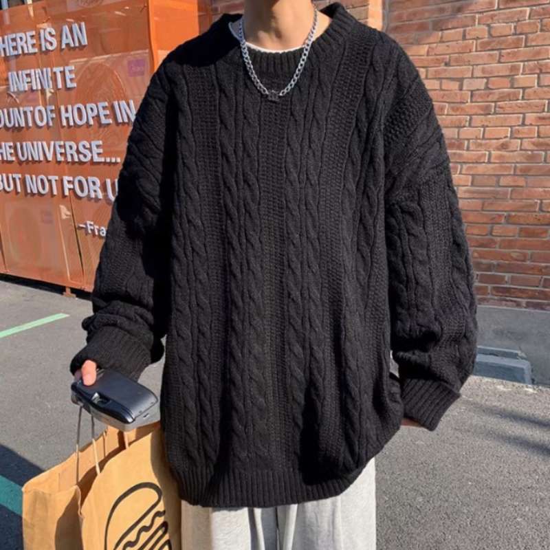 Pullover sweater men autumn winter pure color simple retro crewneck sweater lazy wind twist thread coat