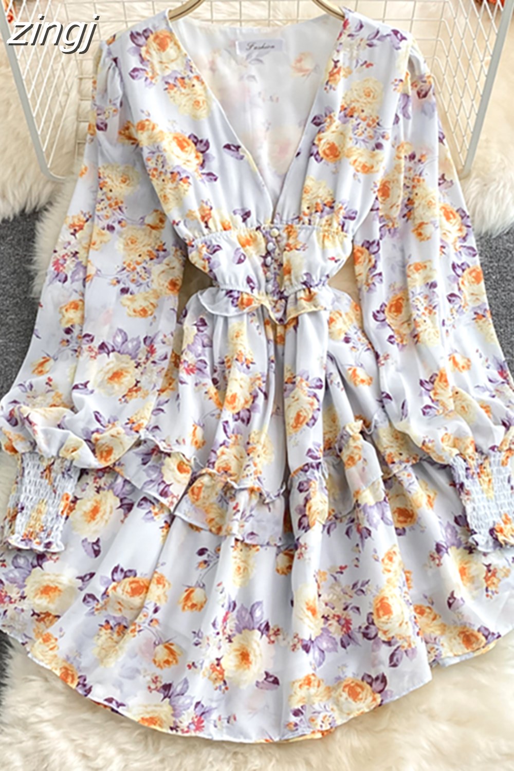 Maxct Women Green/Purple/Beige Floral Chiffon Dress Bohemian V-Neck Lantern Long Sleeve High Waist Ruffle Vestidos Female New