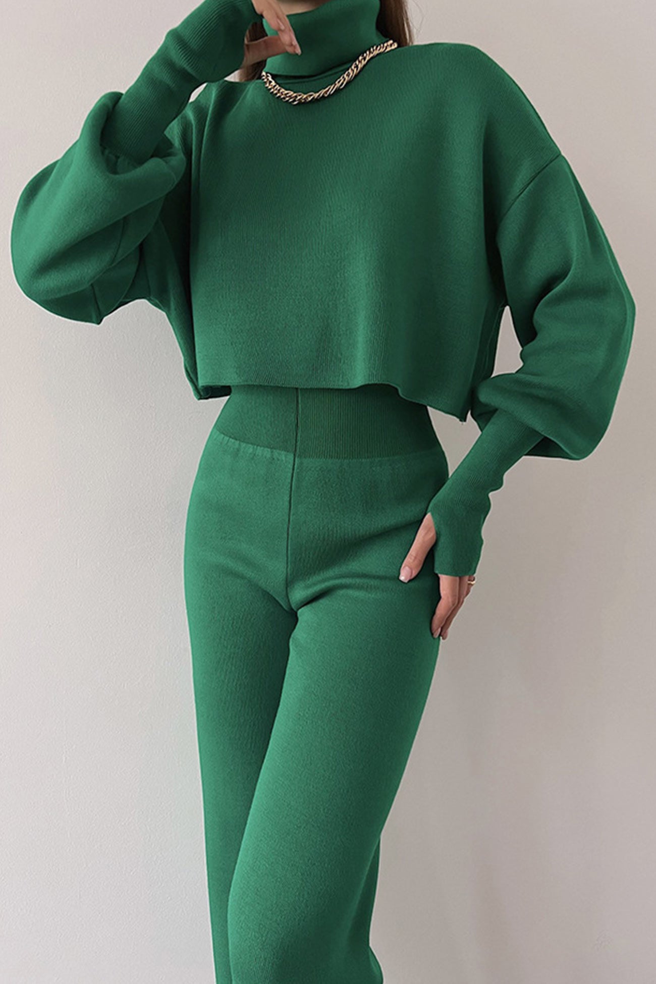 Maxct Solid High Neck Crop Top Long Pants Set
