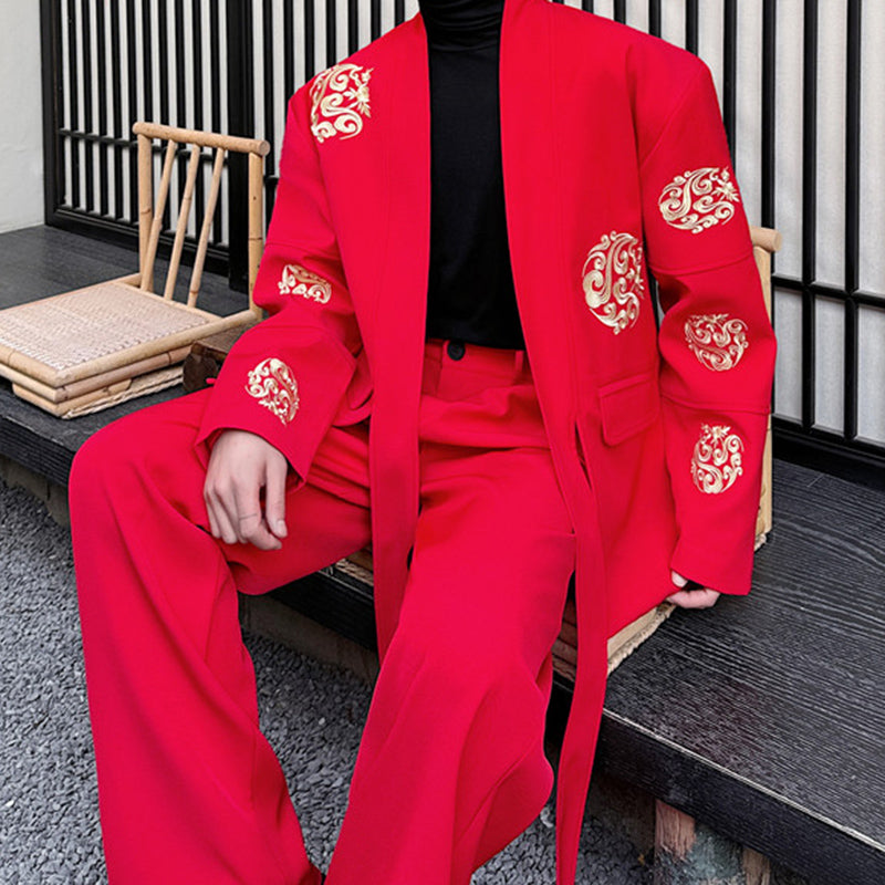 Maxct Retro Cirrus Embroidered Red Suit Jacket Wide-leg Trousers Two-piece Set
