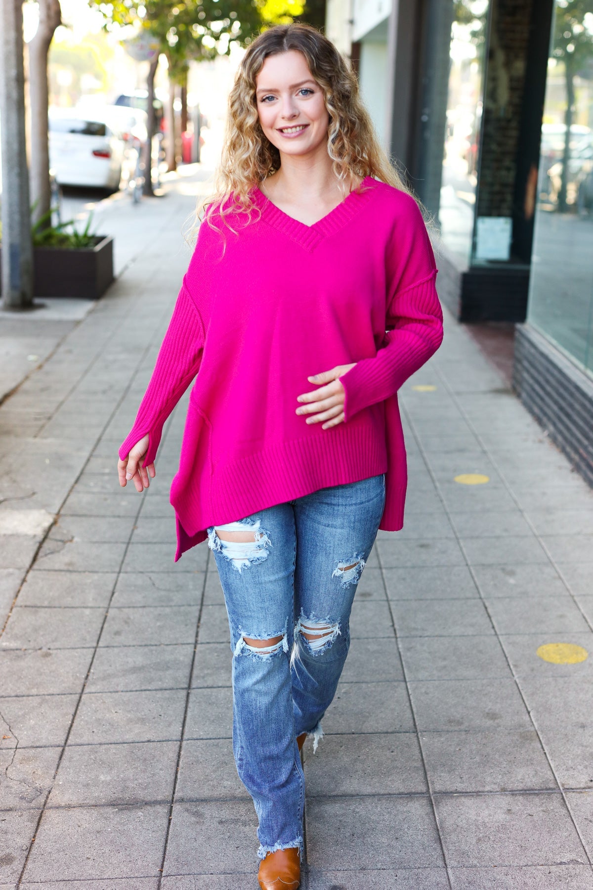 Maxct &Be Bold Magenta Oversized V Neck Rib Knit Sweater