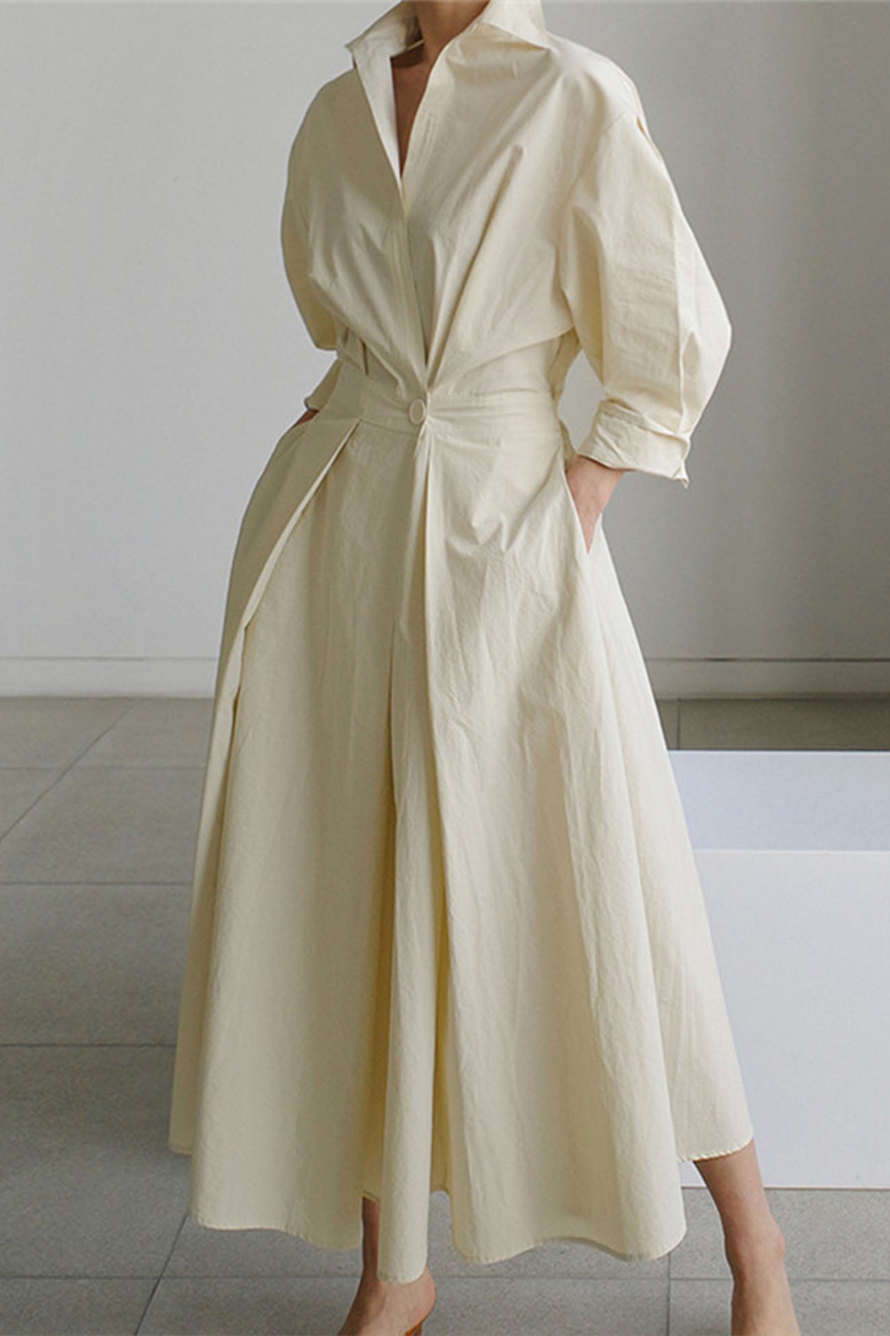 Maxct Cotton Long Sleeve A-Line Shirt Midi Dress