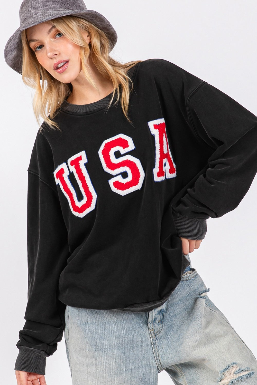 Maxct &SAGE + FIG USA Letter Patch Round Neck Sweatshirt