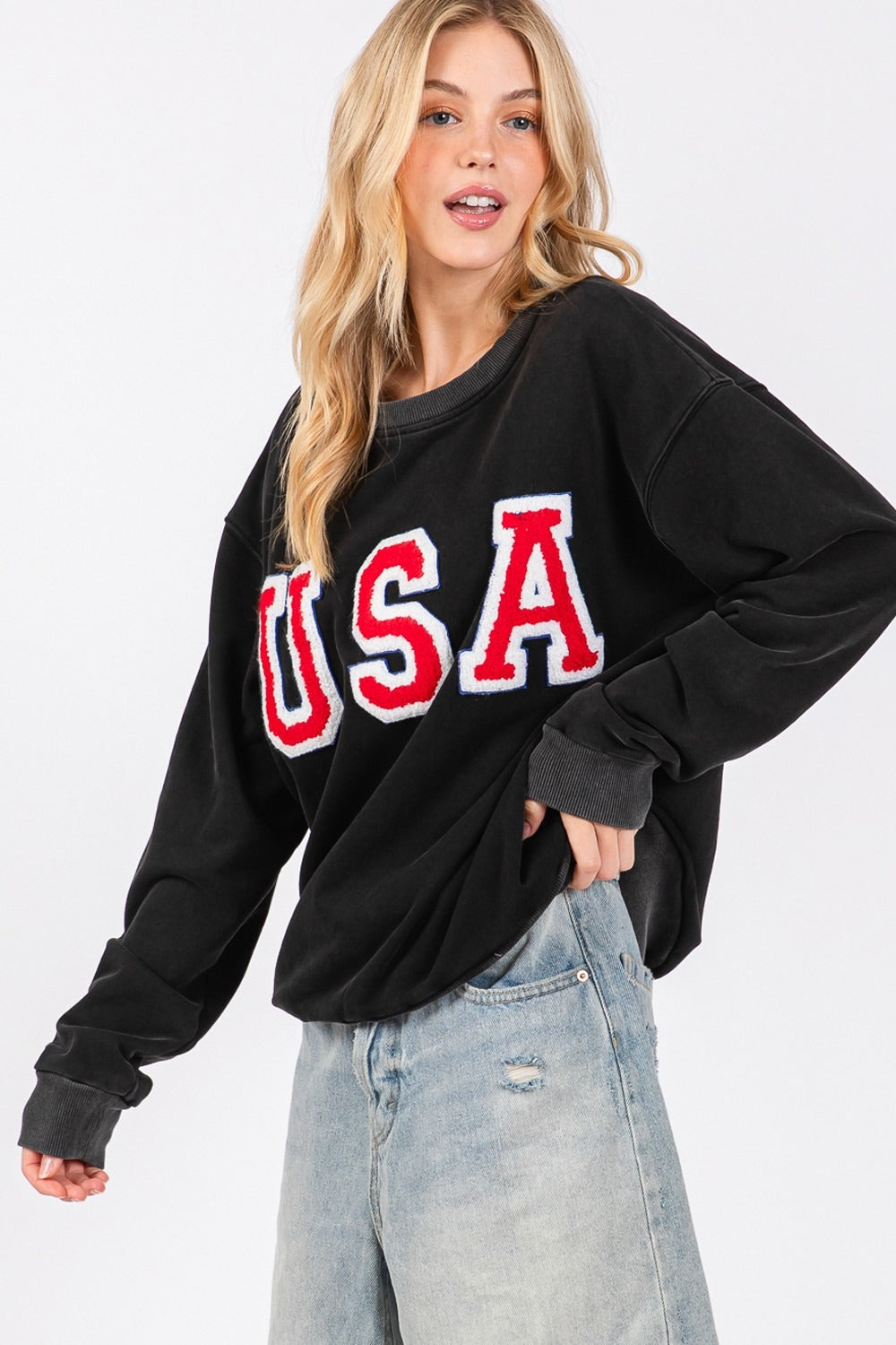 Maxct &SAGE + FIG USA Letter Patch Round Neck Sweatshirt