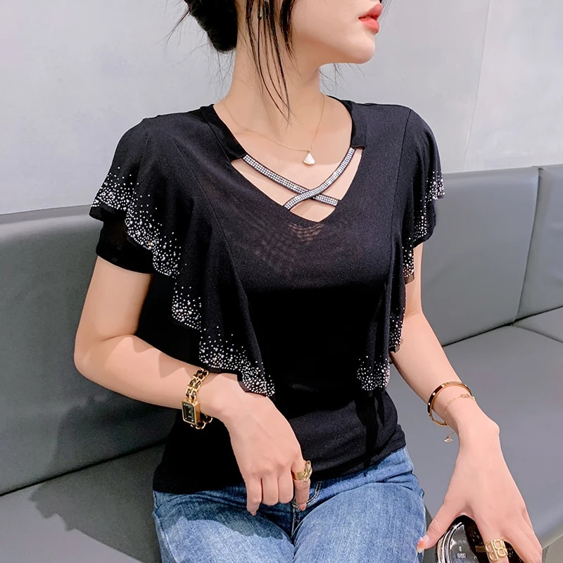 Maxct Ruffles Mesh T Shirts Women's Short Sleeve Fake Diamonds Crossed V Neck T-shirts Female Elegant Tops Tees BH6038