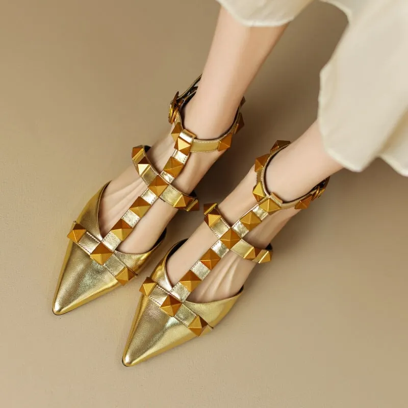 T Strap Rockstud Ankle-strap Flat Sandals Point Toe Slingback Maxct