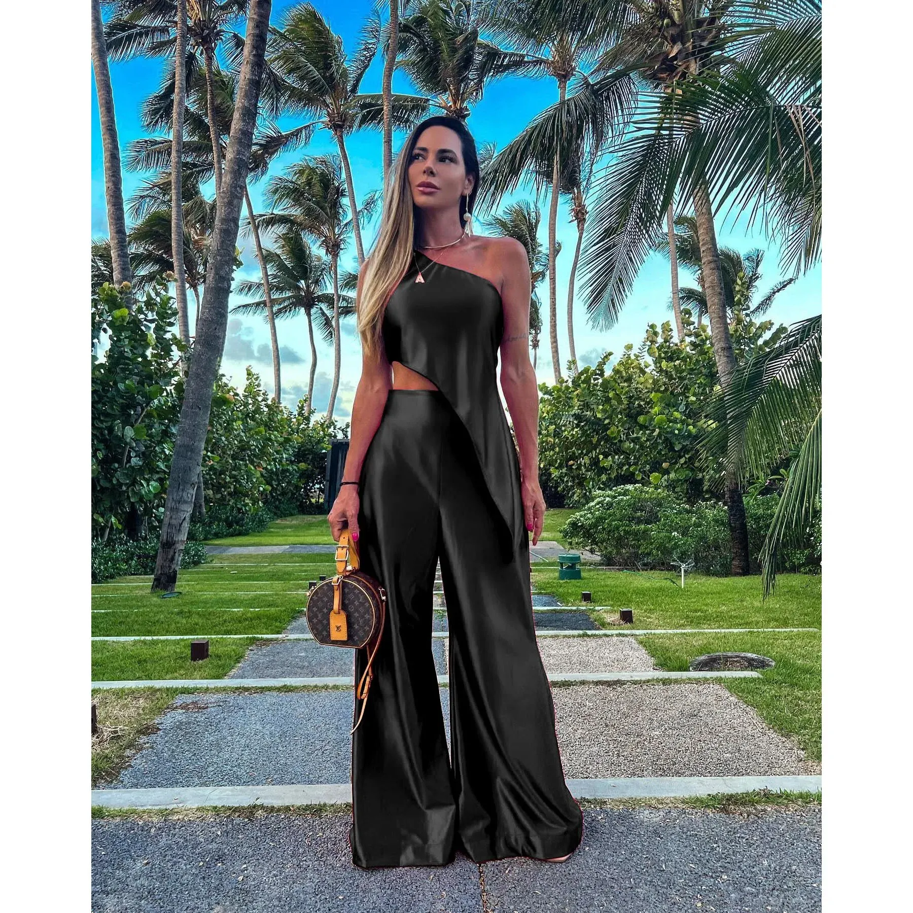 Maxct Solid Female Pant Two piece Set Skew Collar Sleeveless Top High Waist Wide Leg Pants Suit Elegant Evening Party Women Set