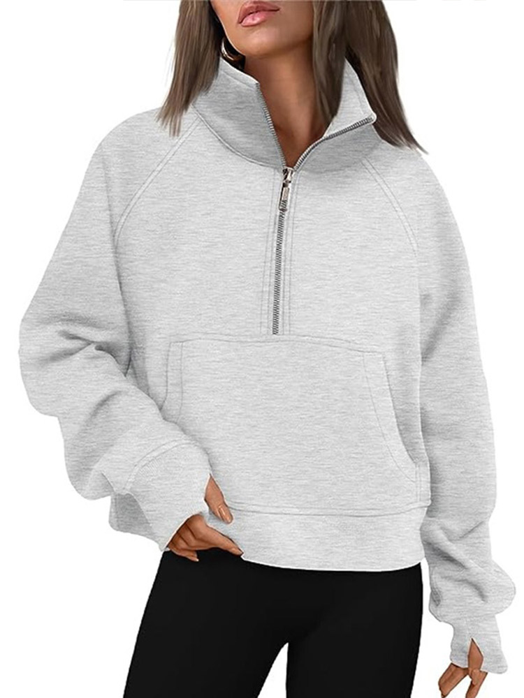 Maxct Casual Half Zipper Plush Hoodies Women Loose Solid Lapel Pockets Sweat Shirt Female Autumn Chic Warm Sports Yoga Outwear
