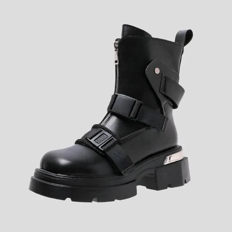 Chunky Platform Ankle Boots Trendy Belt Buckle Accent Maxct