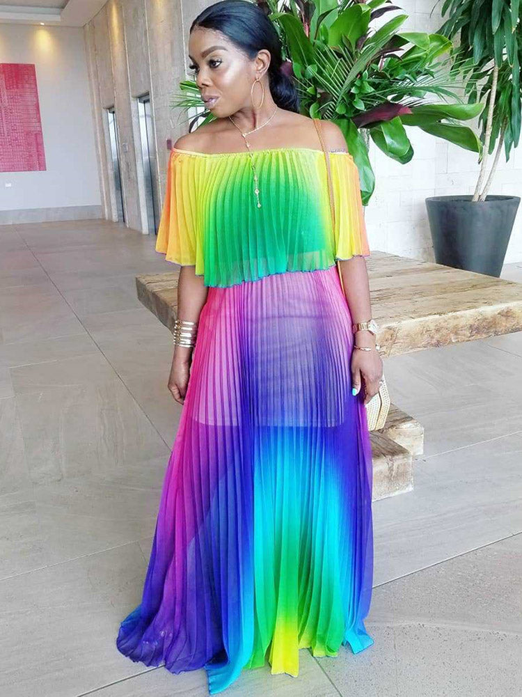 Off Shoulder Colorful Ombre Pleated Maxi Dress Maxct