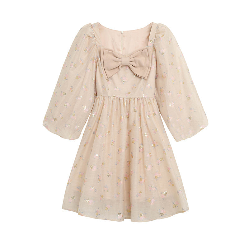 Puff Sleeve Bow Floral Jacquard Dress Maxct