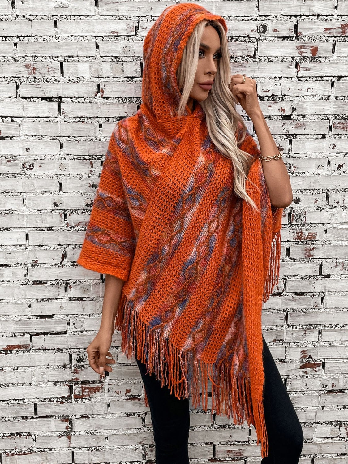 Maxct &Fringe Contrast Hooded Poncho