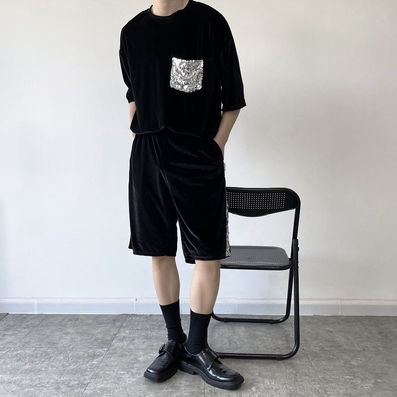 Maxct Glitter Sequin Pocket Velvet T-Shirt Shorts Set
