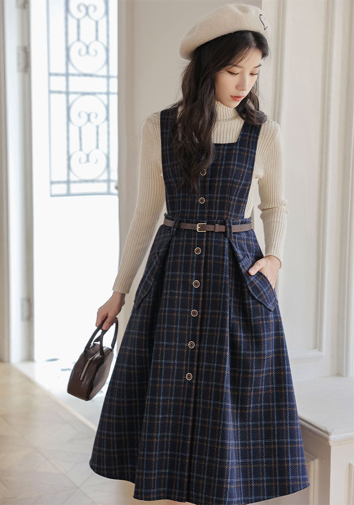Button Up Plaid Pinafore Dress Maxct