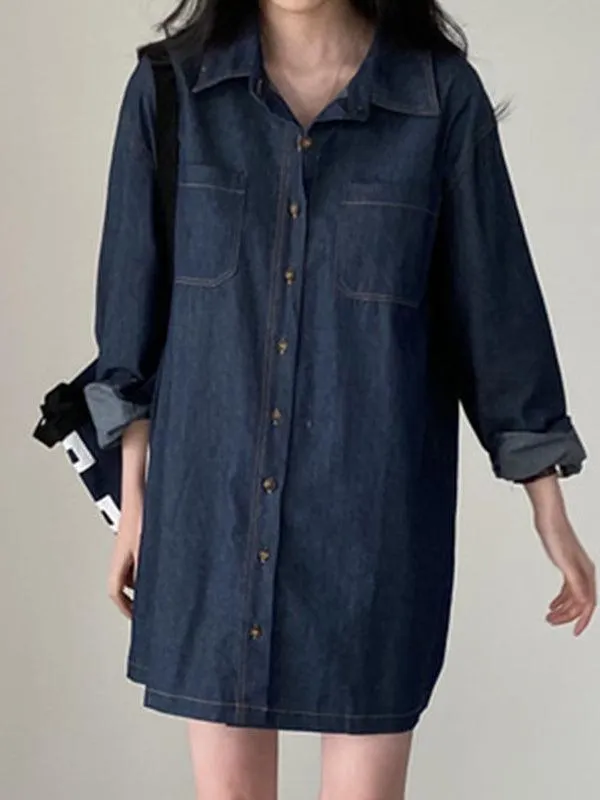 Maxct Vintage Laple Long Sleeve Denim Shirt Blouses