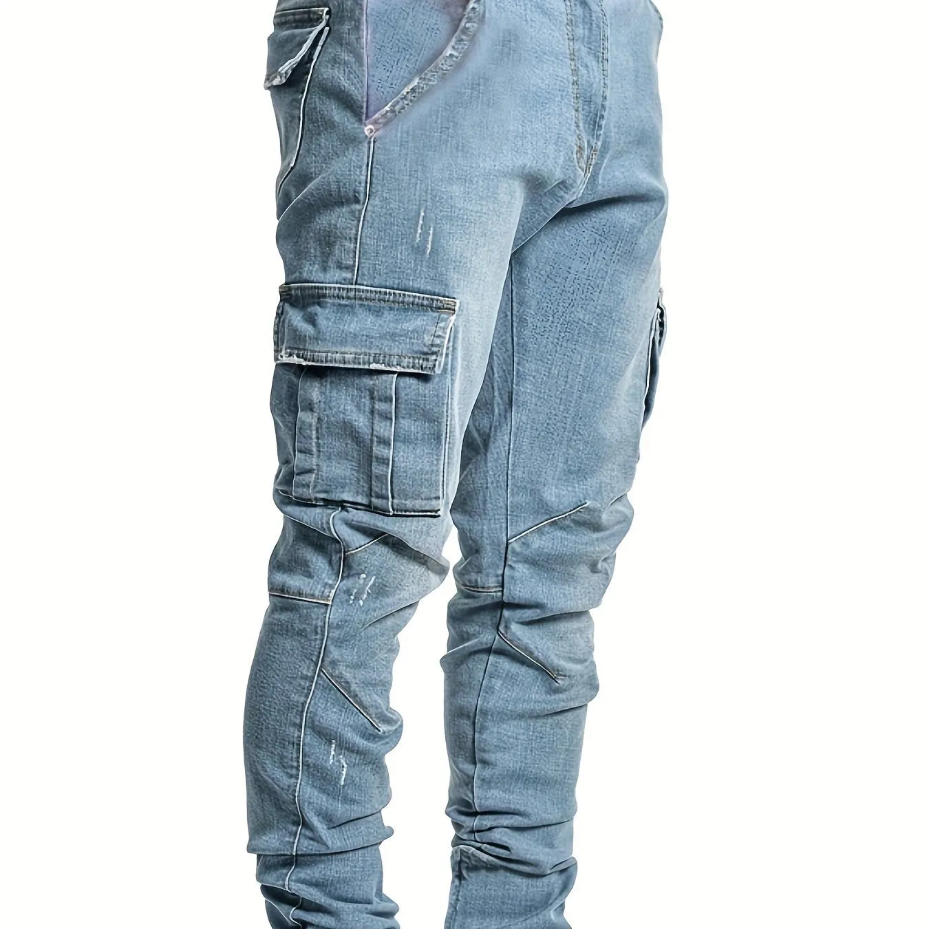 Men's Solid Color Multi-pocket Skinny Jeans For Autumn And Winter