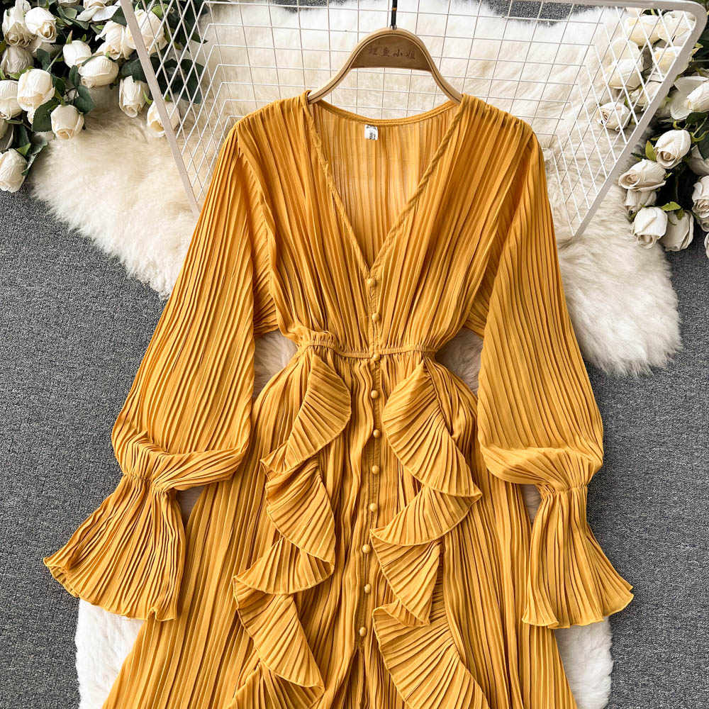 Chiffon Pleated Long Dress Women Vintage V-Neck Flare Sleeve Draped Ruffle Vestido Female Maxi Robe Spring Fall 1215-1