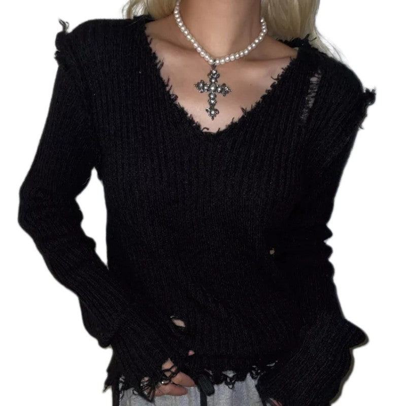 Maxct 2024 Fall Fashion Ribbed Tattered V Neck Sweater