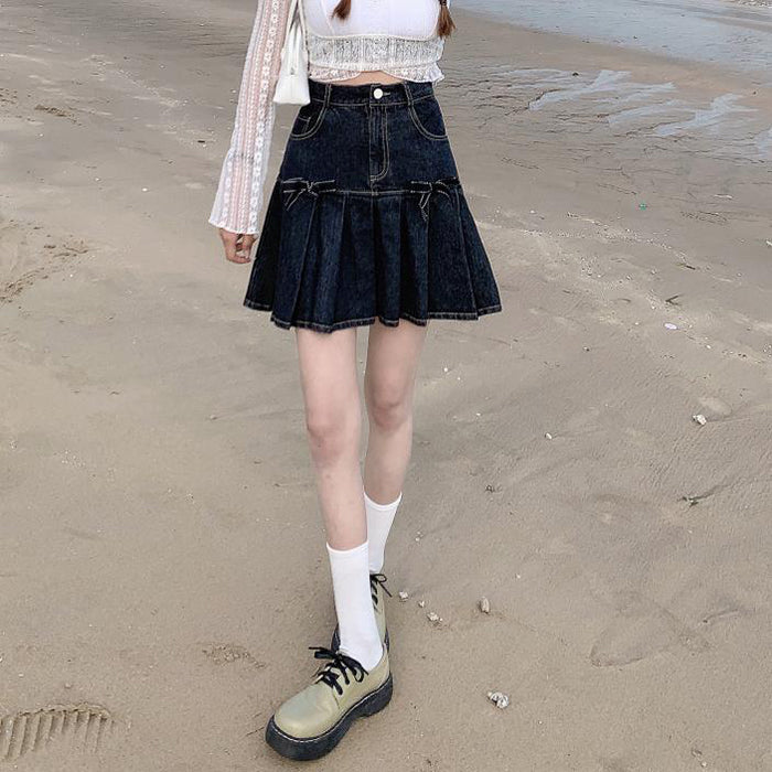 Bow Denim Pleated Skirt Maxct