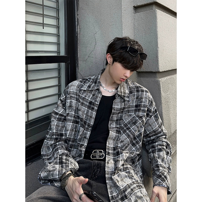 JM Distressed Raw Edge Plaid Shirt Maxct